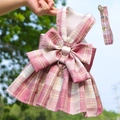 Conjunto de arnés vestido para perro a cuadros rosas con forro de malla y correa - M / Estilo Falda / Cuadros Rosa Oscuro