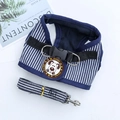 Blue and white striped cotton dog harness and leash set with a circular shine logo - XL / Blue Vertical Stripe Style (Brown Label)