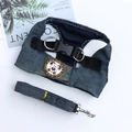 Detail of dark blue denim pet harness with SHINE badge and metal D-ring for leash attachment - XL / Light Denim Style (Brown Label)