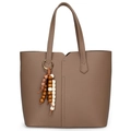 Borsa tote marrone in pelle litchi con ciondolo a nappa in perline di legno - Kaki