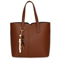 Grand sac fourre-tout en cuir marron foncé avec couture verticale et pompon en perles de bois - Sans Pendentif / Marron