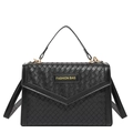 Elegante borsa a mano nera in pelle intrecciata con etichetta moda e dettagli oro - Nero