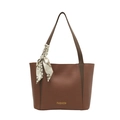 Classic brown pebble leather tote bag with elegant scarf handle and fashion print - Brown