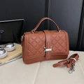 Brown quilted leather handbag with diamond pattern and detachable shoulder strap - Brown