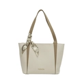 Contrast color large tote bag in cream and khaki faux leather with a silk scarf handle - Color Blocking / White