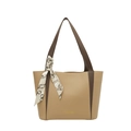 Minimalist large-capacity tote bag with khaki pebble leather, dark handles and silk scarf - Khaki