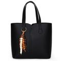Grand sac cabas noir en cuir grainé avec pendentif ethnique en perles de bois - Sans Pendentif / Noir