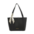 Black pebbled leather tote bag with silk scarf and gold fashion stamp detail - Black