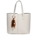 Grand sac cabas blanc cassé en cuir grainé avec pendentif en perles de bois vintage - Sans Pendentif / Blanc Cassé