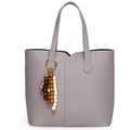 Sac fourre-tout en cuir grainé gris avec breloque décorative en perles de bois et anses - Sans Pendentif / Gris