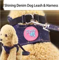 Set pettorina e guinzaglio in denim blu scuro con cuciture gialle per cani piccoli - Stile Denim Scuro A Taglio Vivo (Etichetta Magenta)