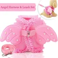 Pink angel wing pet harness set with breathable mesh, lace trim and matching leash - L / Pearl Angel Style Pink