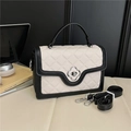 Chic quilted black and white crossbody handbag with floral twist lock and top handle - White & Black