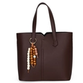 Borsa tote in pelle marrone scuro con trama a litchi e ciondolo a nappe di perline - Caffè