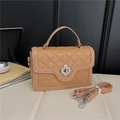 Quilted tan crossbody handbag with clover twist-lock and detachable shoulder strap - Yellow