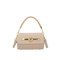Beige woven texture small handbag with golden M hardware and top handle for women - Apricot