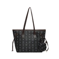 Large gray tote bag with bear print, matching small pouch, and brown leather straps - Black