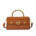 Brown rectangular crossbody bag with golden spiral handle and M-shaped metal hardware buckle - Yellow Brown
