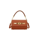 Brown woven texture handbag with gold M logo buckle and adjustable crossbody strap - Yellow Brown