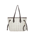 Cream tote bag with brown bear patterns and a matching small round coin purse charm - White