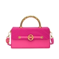 Magenta tote bag with wavy texture, gold M-logo buckle, and bead handle accents - Rose Red