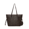 Dark brown large capacity tote bag with bear monogram print and small matching round pouch - Brown