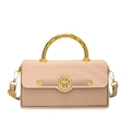 Pink rectangular shoulder bag with golden spiral handle and textured flap for women - Khaki