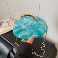 Blue marble acrylic round evening bag with gold chain strap and metal clasp - Blue