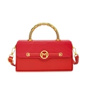 Red crossbody bag with textured flap, gold M buckle and unique metallic bead handle - Red