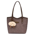 Brown woven tote bag with leather handles and a plush doll pendant on white background - With Pendant / Coffee