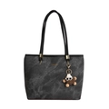 Dunkelgraue Shopper-Tasche aus gewaschenem Leder mit goldenem Logo und Bärenanhänger - Schwarz