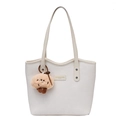 Chic beige woven tote bag with leather straps and a brown plush monster charm - With Pendant / White