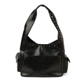 Sac à épaule noir vintage en cuir synthétique brillant avec rivets argentés et poches latérales - Noir