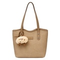Beige woven tote bag with brown leather handles and yellow plush monster keychain charm - With Pendant / Khaki