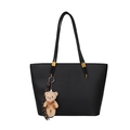 Borsa tote classica nera a grana litchi con spalline sottili e ciondolo orsetto beige - Senza Ciondolo / Nero