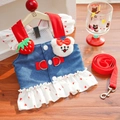 Detail of pet denim dress with strawberry bear patch and matching red leash set - XS / Dark Denim White Heart