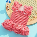 Detail of red striped dog dress with ruffle straps and D-ring on summer beach setup - XS / Red Vertical Stripe Dress