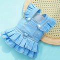 Detail of light blue denim dog dress with double-layered pleated skirt and metal D-ring - Jelly Blue Pocket Denim Skirt