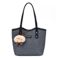 Dark gray woven tote bag with long black shoulder handles and a plush cartoon charm - With Pendant / Black