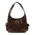 Sac à épaule rétro marron foncé avec rivets argentés et finition en cuir ciré brillant - Marron