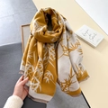 Detail of yellow bamboo leaf jacquard scarf with soft fringe edges for women - Yellow