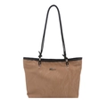 Brown tote bag with textured finish, black leather shoulder straps, and silver logo - No Pendant / Khaki