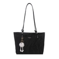 Sac cabas noir plissé avec anses longues, logo argenté et pendentif peluche blanche - Avec Pendentif / Noir