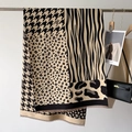 Detail of houndstooth and leopard pattern patchwork shawl with soft fringe trim - 186x66cm / Beige Black (GSJ-145)