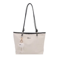 Grand sac fourre-tout beige minimaliste avec bandoulières noires et charme en peluche - Avec Pendentif / Blanc