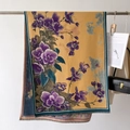 Thick autumn winter scarf with vintage orchid flower prints and grey fringe tassels - Purple Floral (Ginger Yellow Base)