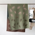 Olive green and coffee brown scarf with ginkgo leaf print and delicate fringe - Dark Green