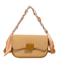 Retro straw saddle bag with brown leather trim and silk scarf chain shoulder strap - Yellow Brown