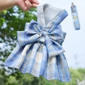 Blue plaid pet harness dress set with a large bow and matching leash for dogs and cats - XL / Skirt Set / Sky Blue Plaid