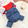 Completo per animali con camicia a righe rosse e salopette di jeans a pois per cani e gatti - S / Tuta in denim a pois rossi a quattro gambe(461)
